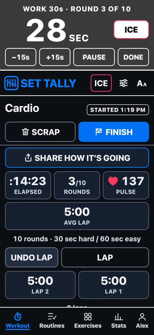 A HIIT run in progress with laps.